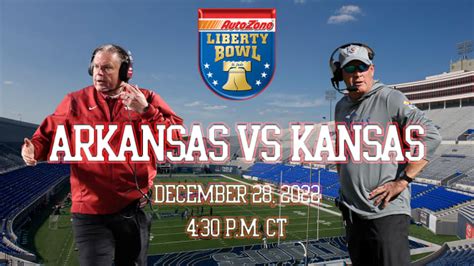 Dec 28, 2022 at 5:15 pm ET • 2 min read USATSI Arkansas and Kansas meet in the Liberty Bowl on Wednesday, and plenty will be on the line for at least one of these upstart programs. The.... 