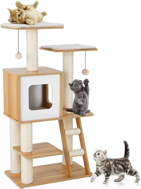 Arlopu 45" Modern Cat Tree Tower with Climbing Ladder, Wood Cat …