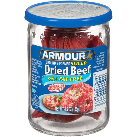 Armour dried beef. Made from fresh beef that's been dried, this jarred beef is 95% fat free. Use this sliced beef cold in appetizers, sandwiches or salads, or add to hot soups or casseroles. You can also … 