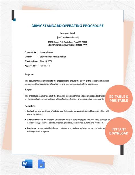 Army Standard Operating Procedure Template in Word, Google Docs