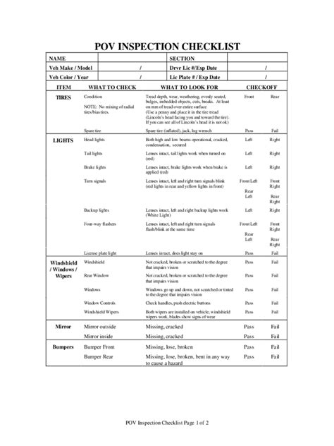 Army Vehicle Inspection Checklist Form Universal Network