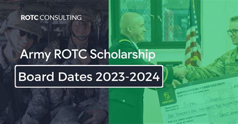 Army ROTC National Scholarship Board dates for the School Year 2023-2024. Applications are due by Oct. 9, 2023 to be reviewed by the board from Oct. 16-20, 2023. Applications are due by Jan. 15, 2024 to be reviewed by the board from Jan. 22-26, 2024. Applications are due by Mar. 11, 2024 to be reviewed by the board from Mar. 18-22, 2024.