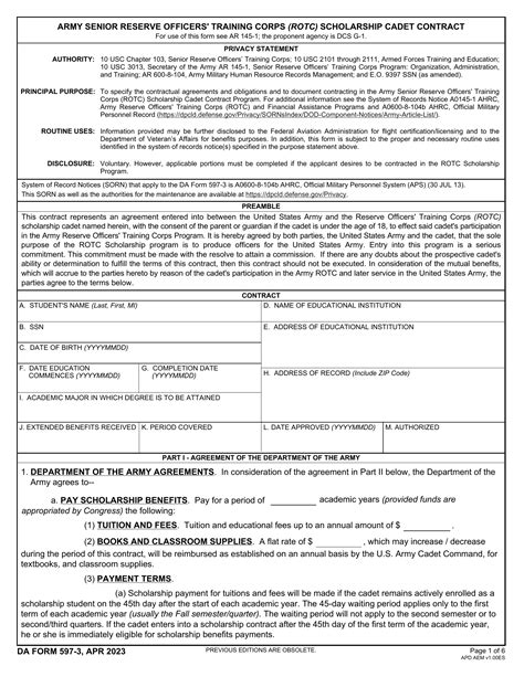 Army rotc scholarship contract. ROTC Scholarship Forms. CC Form 167-R - Scholarship Acceptance (PDF) DD Form 2058 - State of Legal Residence (PDF) SF Form 86 - National Security Questionnaire (PDF) Cadet Contracting Forms. DA Form 597 - Cadet Non-Scholarship Contract: Non-scholarship cadets need to read this thoroughly prior to contracting (PDF) 