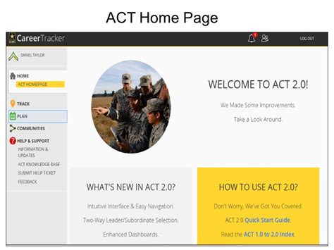 Armycareertracker. ACT - Army Career Tracker is a web portal that helps you plan and manage your Army career. You can create an individual development plan, find a sponsor, join communities, access training and education resources, and track your progress and achievements. Whether you are a Soldier or a Civilian, ACT can help you reach your full potential in the Army. 