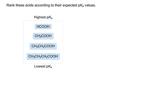 Arrange these acids according to their expected p𝐾a values. - Arrange these acids according to their expected pKa values. None Arrange these acids... The strengths of various acids can be determined on the basis of their pK a values. The negative logarithm to the base 10 of K a is generally denoted as pK a . If larger the value of pK a , then the acid will be...