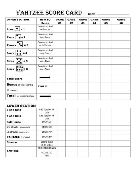 Array Printable Yahtzee Score Card