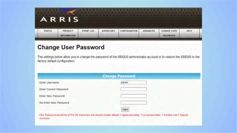 Arris sb8200 admin password. 1 . 1 is insecure.  Change the Admin Passwo...