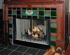 Art Nouveau Tiled Fireplace Framed by Hand Carved Wood Oak.