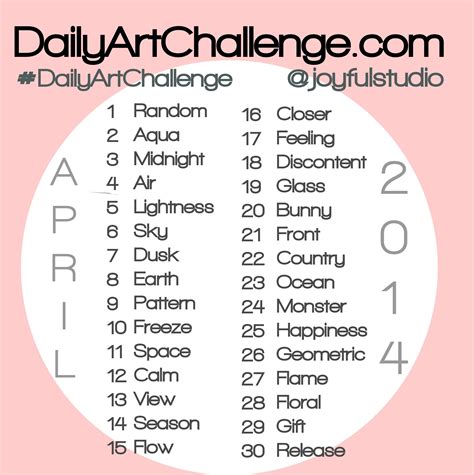 Art challenge. 30 Day Drawing Challenge Grid. Another popular alternative is to use a grid for your drawings. Each day you would fill in one of the squares. These squares will typically end up being fairly small, and therefore, will be less time consuming than drawing on a piece of paper. 