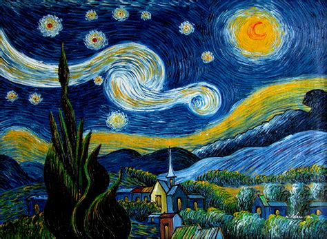 Vincent van Gogh 1889. Van Gogh 's night sky is a field of roiling energy. Below the exploding stars, the village is a place of quiet order. Connecting earth and sky is the flamelike cypress, a tree traditionally associated with graveyards and mourning. But death was not ominous for van Gogh.. 