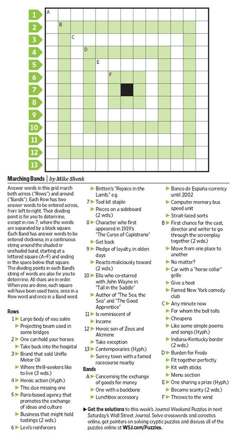 Art workshops wsj crossword clue. LETTERS (noun) scholarly attainment. the literary culture. The WSJ Crossword is a daily crossword puzzle that is published in The Wall Street Journal newspaper and on its website. The puzzle is known for its challenging difficulty level, clever wordplay, and witty themes. Imaged via WSJ Crossword. The WSJ Crossword was first introduced in 2008 ... 