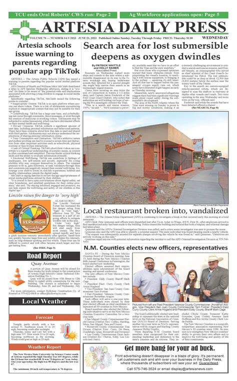 News Artesia Aquatic Center prepares for summer with open house. News Smoking Clays fundraiser aids local entities. Community & Events. Around Town. Community Living. Obituaries. Public Record. Sports. Commentary. E-Edition. Classifieds. Place Online Ad. Place Print Ad ... Artesia Daily Press, since 1954, stands at the heart of Artesia, New ...