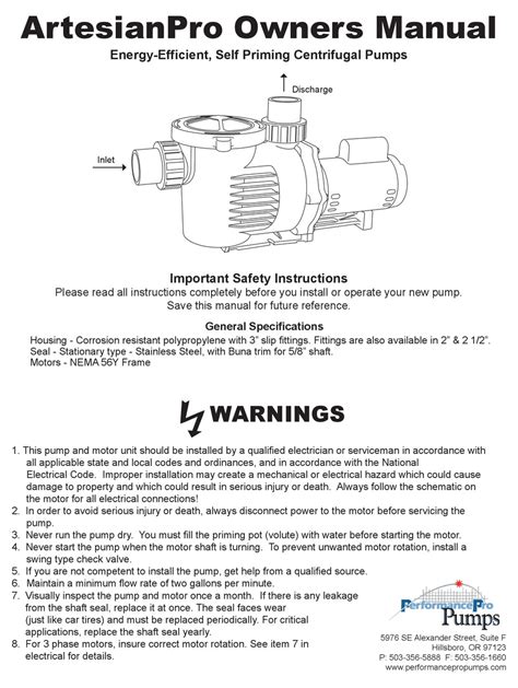 Artesian Classic Owners Manual – PerformancePro Pumps