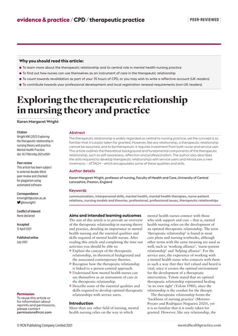 Article Exploring the therapeutic relationship in nursing theory and ...