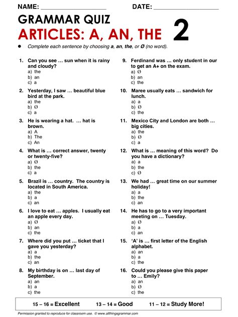 Articles A, An, The MCQ Grammar Quiz - Test - Exercise 2