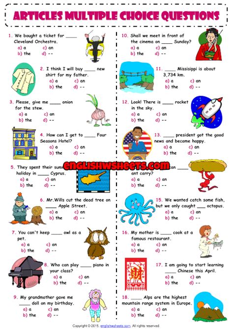 Articles For Kids Esl Free Printable Multiple Choice Questions Worksheet Image Preview