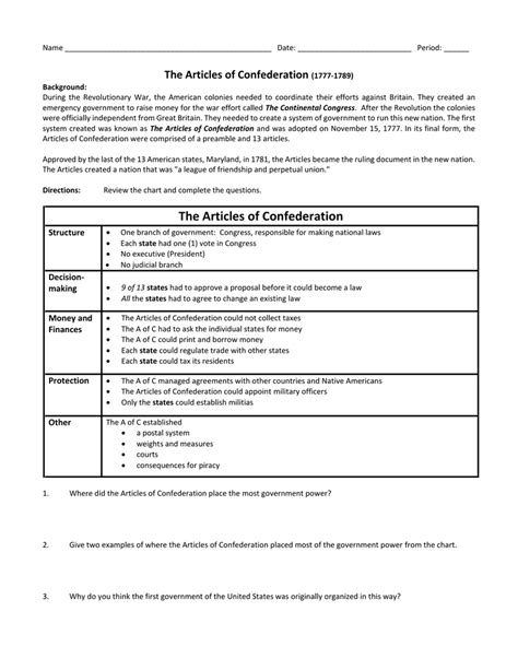 Articles Of Confederation 1777 Worksheet Answer Key