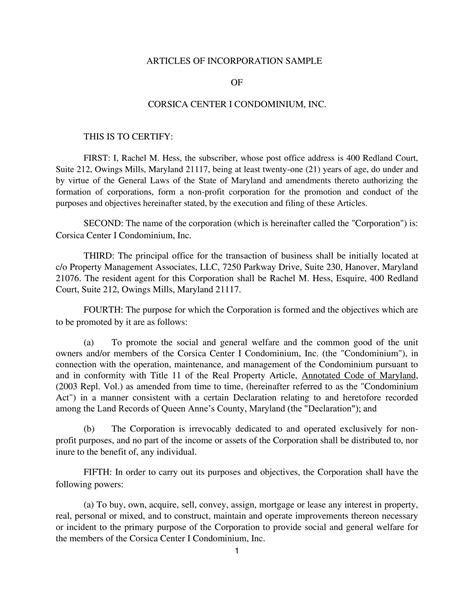 Articles Of Incorporation Example Business Mentor