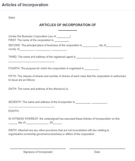 Articles of Incorporation in Word and Pdf formats
