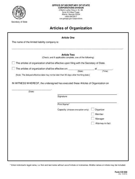 Articles of organization georgia example. .  Form CD 030 is not intended to replace Eit...