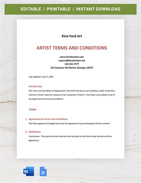 Artist Terms And Conditions Template Download in Word, Google Docs