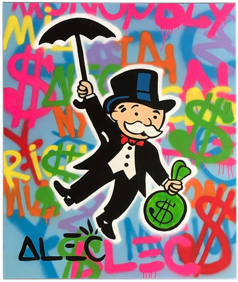 Artist alec monopoly. Alec Monopoly rose to prominence in 2008 when he introduced his iconic character, Monopoly Man, into his artwork. This character, a top-hat-wearing businessman with a monocle, became synonymous with his name and instantly caught the attention of art enthusiasts and collectors. 