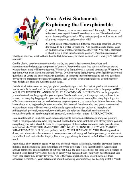 Artist statement examples. 3+ SAMPLE Short Artist Statement in PDF. Due to the impact of the COVID-19 pandemic, the global art market which was valued at 50 billion U.S. dollars in 2020 dropped by roughly 14 billion over the previous year. Still, as the pandemic urged auction houses and art dealers to strengthen their digital departments, the total sales of the online ... 
