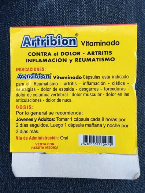 Artribion ingredients. Description. Uses: Neurotropic pain is indicated for rheumatism, arthritis, inflammation, sciatica, neuralgia, back pain, tears, sprains, spinal pain, muscle pain, joint pain, neck pain. Ingredients (per capsule): Vitamin B1 50 mg, Vitamin B6 50 mg, Vitamin B12 200 mcg. How to use: Youth and Adults: Take 1 capsule every 8 hours for 2 days in a row. 