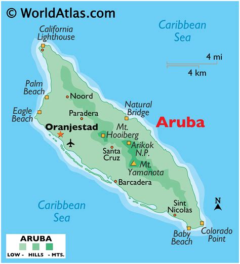 Aruba Map; Geographical features of Aruba of the Caribbean