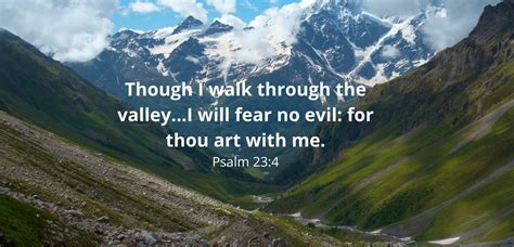 As i walk through the valley. Yea, though I walk through the valley of the shadow of death, I will fear no evil: for thou art with me; thy rod and thy staff they comfort me. World English Bible Even though I walk through the valley of the shadow of death, I will fear no evil, for you are with me. Your rod and your staff, they comfort me. Young's Literal Translation 