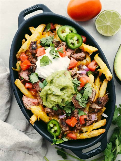 Asada fries. Prepare the fries according to the instructions or make your own. Add the fries to the bottom layer of the pan or skillet. Add the shredded cheese and bake at 375 degrees until cheese is melted. Add the carne asada, the the guacamole, sour cream, pico de gallo and salsa verde. Serve hot. 