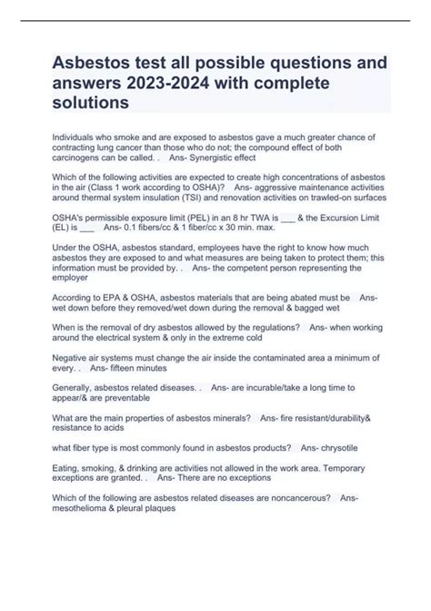 Asbestos test all possible questions and answers with complete