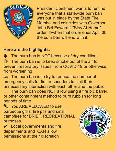 Ascension parish burn ban. MULTI-PARISH BURN BAN UPDATED FOLLOWING HURRICANE IDA ... issued for all private burning, pursuant to authority under R.S. 40:1602, for the following parishes: Ascension, Assumption, Livingston, Plaquemines, St. Helena, St. James, St. Tammany, and Tangipahoa parishes. ... Where the burn ban is being lifted, the SFM would like … 