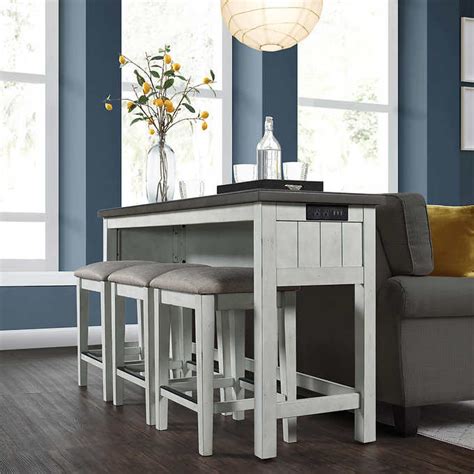 Feb 19, 2021 - Ashlyn 4-piece Sofa Table Set Constructed of Rubberwood Solids, with Ash and Birch Veneers Fabric Upholstered Seats Hand-applied, Multi-step Finish Integrated Power Center with 2 Outlets and 3 USB Ports. 