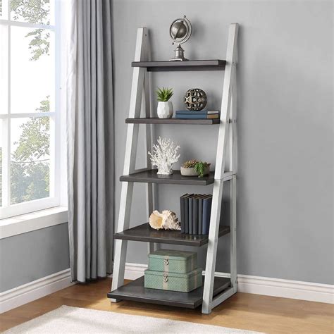 Apr 18, 2021 - Ashlyn 72" Ladder Bookcase 5 Fixed Shelves Constructed of Poplar Solids and Oak Veneers Two-tone Antique White and Gray Finish Assembly Required By …. 