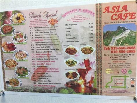 Find the online menu of Asia Cafe, a café in Clayton, North Carolina, that offers Asian cuisine, vegetarian options, and delivery, takeout, and dine-in services. See the hours, location, and contact information of the restaurant and other nearby eats.