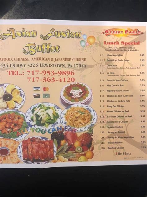 Use your Uber account to order delivery from Asian Fusion Restaurant Inc in Greater Williamsport. Browse the menu, view popular items, and track your order. Create a business account; Add your restaurant; ... Lewistown, PA. Too far to deliver. Opens at 4:30 PM. Sunday. 5:30 PM - 8:15 PM. Monday. 12:30 PM - 2:15 PM. Tuesday. 12:30 PM - 2:15 PM.