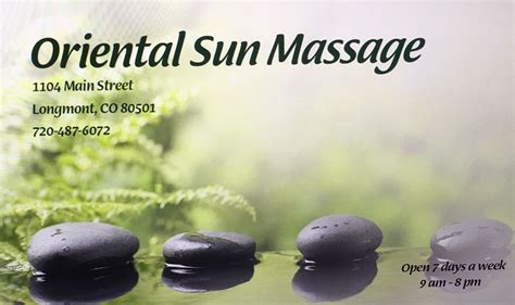 Asian massage longmont co. Oriental Sun Massage. 3.0 (1 review) Claimed. Reflexology, Massage, Massage Therapy. Open 9:00 AM - 10:00 PM. See hours. Add photo or video. Location & Hours. Suggest an edit. 1104 Main St. Longmont, CO 80501. Get directions. Ask the Community. Ask a question. Yelp users haven’t asked any questions yet about Oriental Sun Massage. 