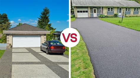 Asphalt vs concrete driveway. While asphalt and concrete driveways have similar materials and can both use a gravel base, they don’t use the same adhesive components. Asphalt uses petroleum-based products, and concrete uses cement. This variance leads to many differences, including the following: Overall cost: An asphalt driveway typically costs less for the upfront expenses. 