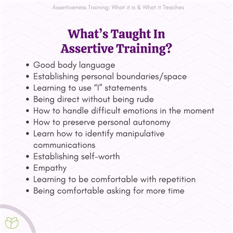In particular, assertiveness training teaches you how to refuse unreasonable requests from others, how to assert your rights in a non-aggressive manner, and how ...