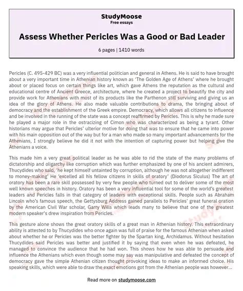 Assess Whether Pericles Was a Good or Bad Leader