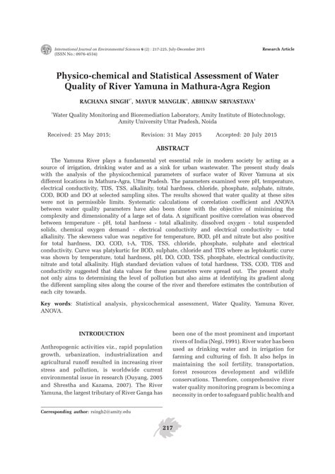 Assessment of Water Quality of River Yamuna at Agra