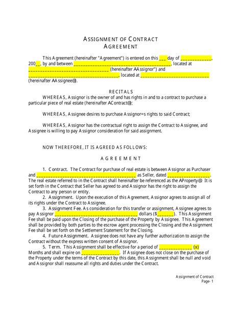 Assignment of Contract Agreement Template Download Printable PDF