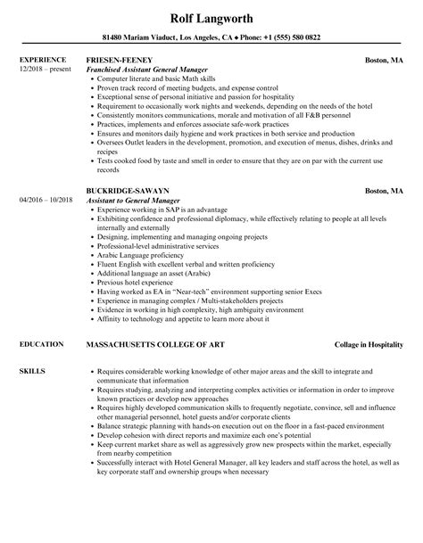 Assistant General Manager Resume Job Description