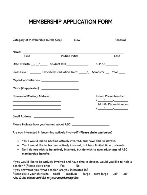 Association Membership Form Sample
