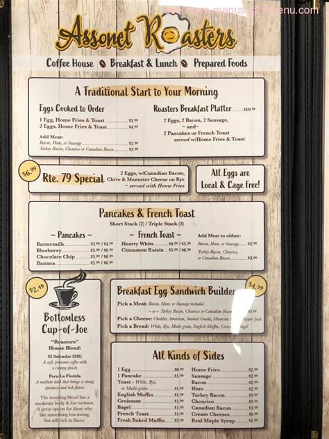 The actual menu of the Assonet Roasters restaurant. Prices and visitors' opinions on dishes.