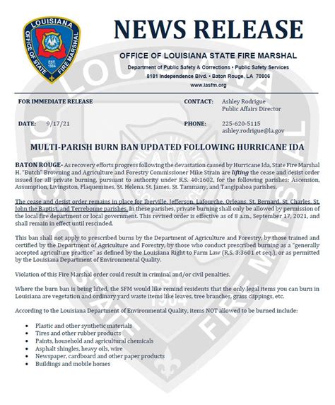 Any temporary burn ban so imposed by Iberia Parish Fire District shall prohibit ALL outdoor burning until such time as the Fire Chief determines that the weather conditions are safe enough to cancel the burn ban. This burn ban becomes effective 10-06-2022 at 12:00 PM. It shall remain in effect until canceled.. 