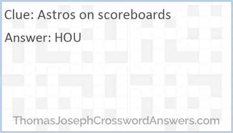 Astros on scoreboards crossword. The Cavaliers, on scoreboards. Crossword Clue Here is the solution for the The Cavaliers, on scoreboards clue featured in New York Times puzzle on November 27, 2017. We have found 40 possible answers for this clue in our database. ... HOU Astros, on scoreboards (3) Premier Sunday: Dec 31, 2023 : 6% OTT Canadian N.H.L. team, on scoreboards (3 ... 