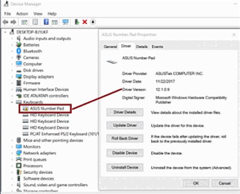 Asus laptop number pad.  I installed the drivers, and a number pad devi...
