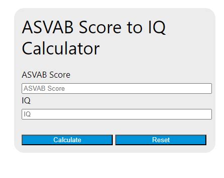 Asvab score to iq calculator. An ASVAB Score Calculator is your go-to tool for estimating your qualifying scores before you even step into the exam room. But how do you use this … 